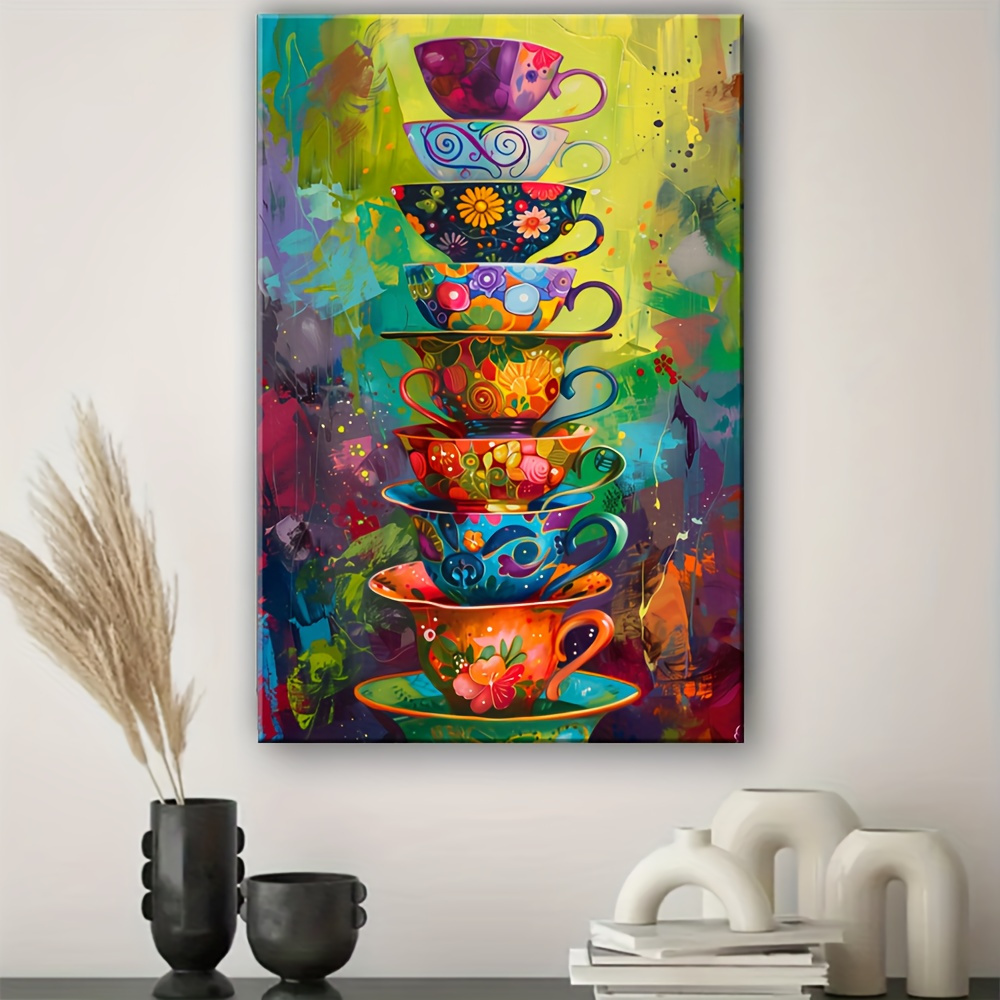 Mug Tea Coffee - Kleurrijke gestapelde theekopjes poster en prints